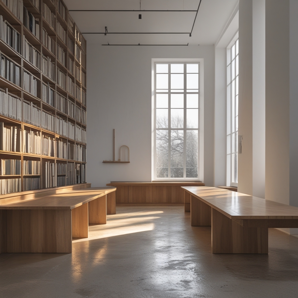Innenraum einer modernen Archivbibliothek mit hohen weißen Wänden, Betonboden und langen Holztischen, Tageslicht fällt durch schmale Fenster und wirft lange parallele Lichtstreifen auf den Boden, leerer stiller Raum