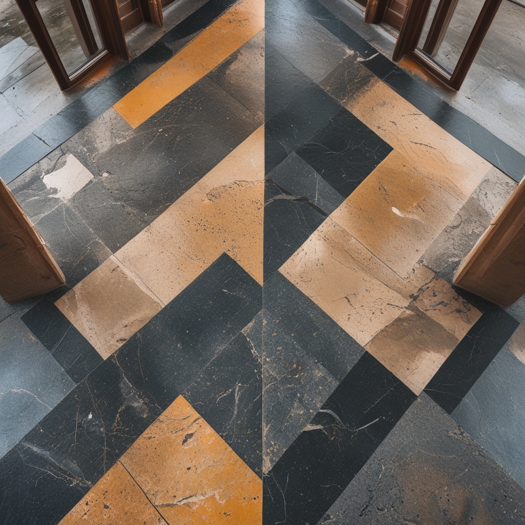 Abstraktes Bodenmuster aus hellen und dunklen Steinplatten mit feinen Rissen und Alterspatina, von oben fotografiert, ruhige geometrische Komposition die Balance und Ordnung suggeriert