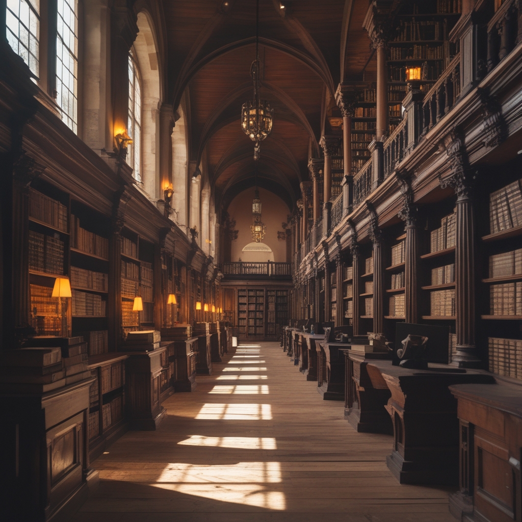 Detailaufnahme einer historischen Bibliothek mit massiven Holzregalen voller schwerer Bücher, warmes Licht fällt durch hohe Bogenfenster auf den Holzboden, tiefe Schatten zwischen den Regalreihen erzeugen Tiefe und Struktur