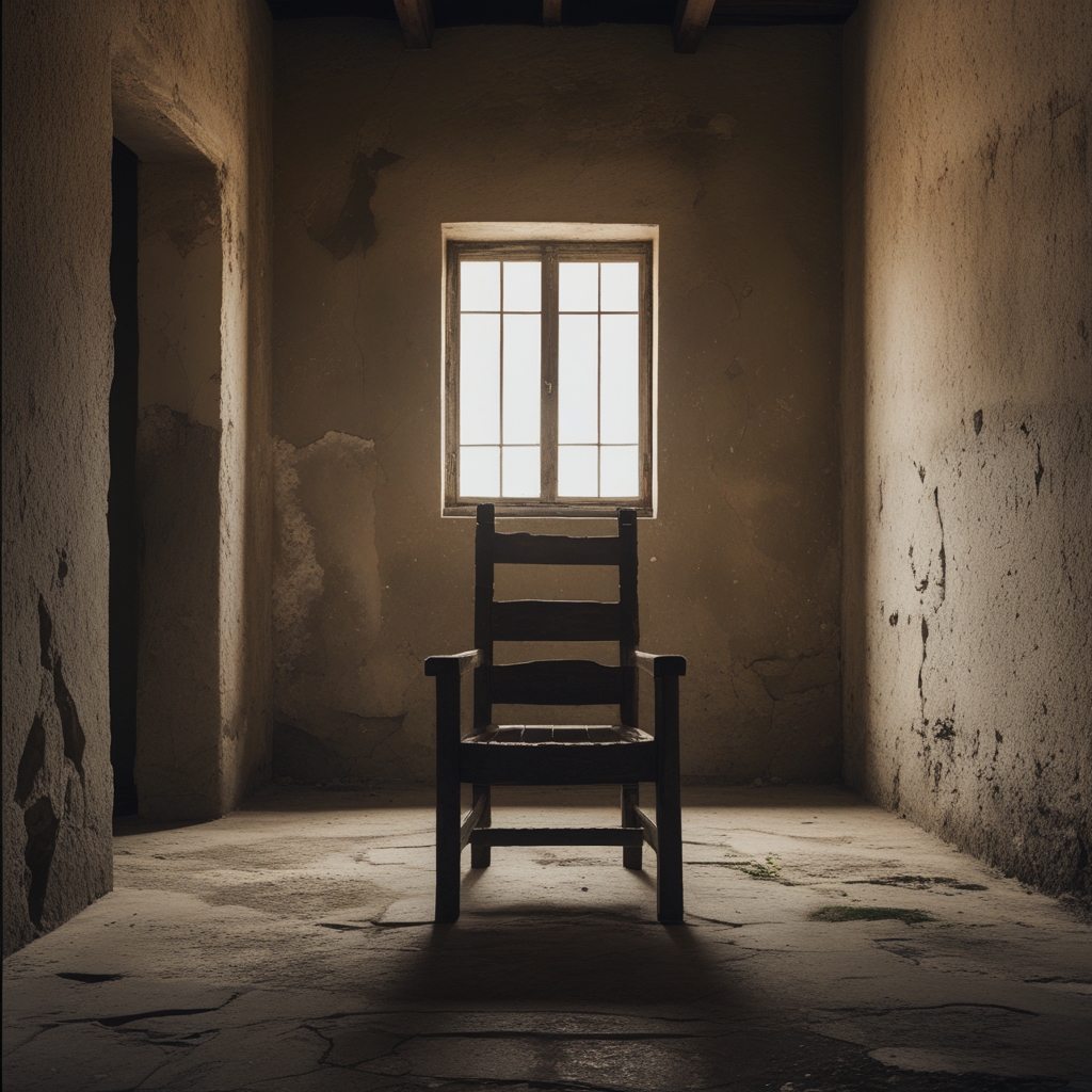 Nahaufnahme eines verlassenen antiken Holzstuhls in einem halbdunklen Raum mit Steinboden, Licht fällt diagonal durch ein schmales Fenster, Staub in der Luft sichtbar, dunkle ruhige Atmosphäre symbolisiert Stasis und Stillstand